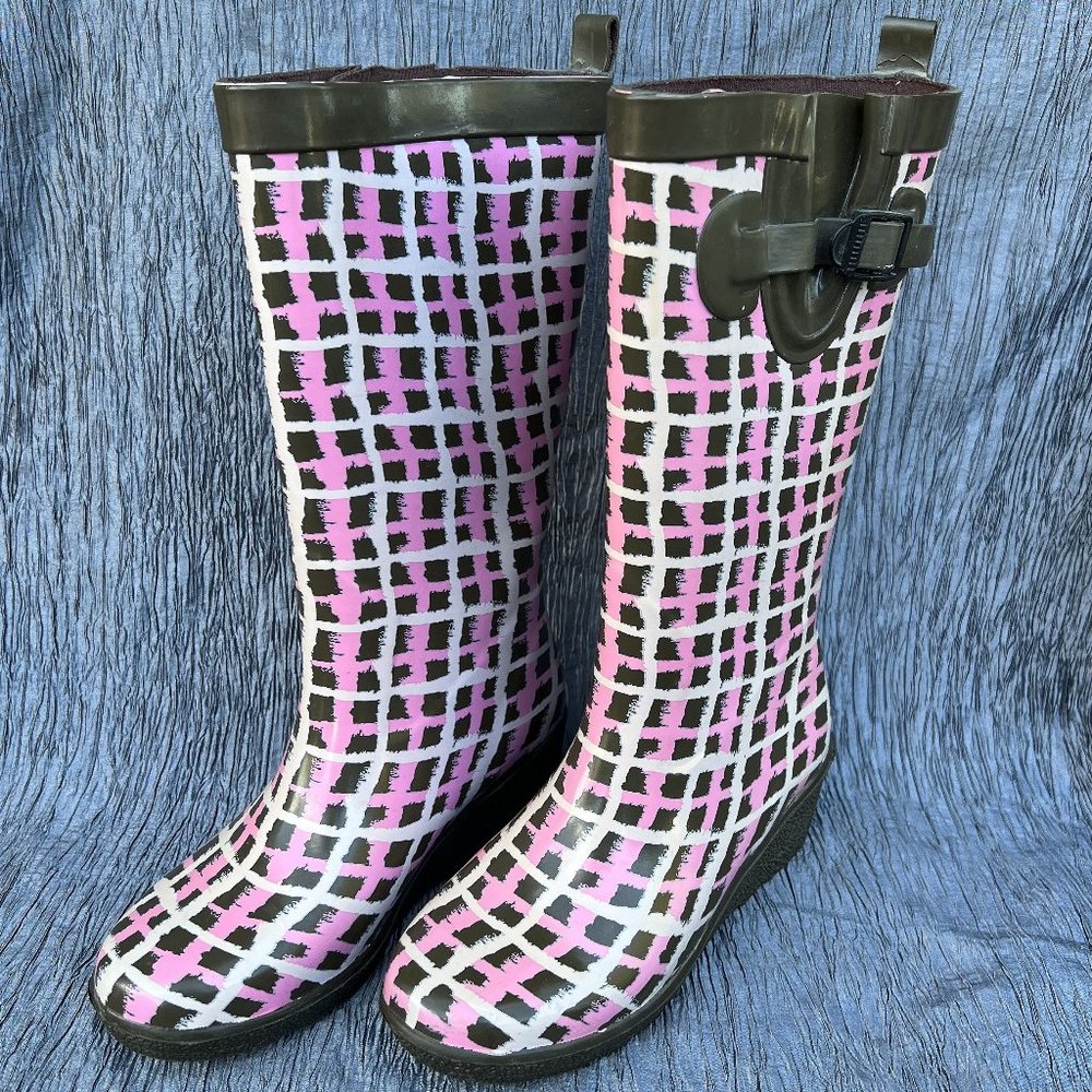 Capelli of New York women's rubber tall rain boots Pink/White check US Size 7